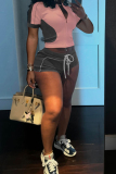 Apricot Turndown Collar Short Sleeve Zipper Belted Crop Tops And Shorts Casual Sportwear Two Pieces Shorts Sets