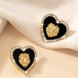 Black Gold Rhinestone Halo Round Stud Rhinestone Decor Earrings
