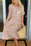 Brown Polka Dot Print O Neck Short Sleeve Casual Vacation Midi Dress
