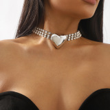 Glod Heart Pattern Rhinestone Decor Heart Diamond Choker Necklace