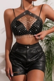 Black Rhinestone Sleeveless Hollow Out Mesh Overlay Fringed Trim Hem Night Club Sparkling Halter Crop Tank Tops