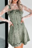 Black Sleeveless Square Neck Distressed Buttons Casual Loose Strappy Denim Vest Mini Dresses