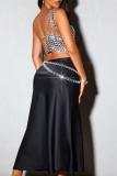 Silver Hot Drill Sleeveless Backless Oblique Collar See-Through Night Club Cami Crop Tops