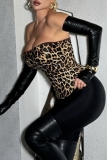 Leopard Print Backless Strapless with Black Long Gloves Night Club Tube Tops