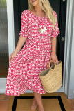 Brown Polka Dot Print O Neck Short Sleeve Casual Vacation Midi Dress