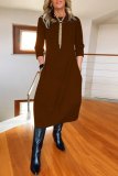 Brown O Neck Long Sleeve Long Casual Outing Maxi Dresses