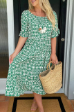 Brown Polka Dot Print O Neck Short Sleeve Casual Vacation Midi Dress