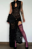 Black Sleeveless O Neck Front Knotted Hollow Out Slit Formal Evening Party Prom Lace Maxi Dresses