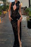 Black Sleeveless O Neck Front Knotted Hollow Out Slit Formal Evening Party Prom Lace Maxi Dresses