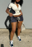 Apricot Turndown Collar Short Sleeve Zipper Belted Crop Tops And Shorts Casual Sportwear Two Pieces Shorts Sets