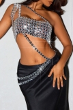 Silver Hot Drill Sleeveless Backless Oblique Collar See-Through Night Club Cami Crop Tops