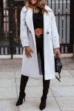 Off White Turndown Collar Long Sleeve Buttons Casual Longline Woolen Coat