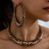 Leopard Print Hollowed Out Earrings Bohemian Necklace Set
