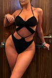 Black Sleeveless Backless Hollow Out One Piece Swimsuit Beach Vacation Swimwears