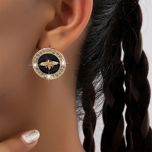 Black Gold Rhinestone Halo Round Stud Rhinestone Decor Earrings