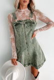 Black Sleeveless Square Neck Distressed Buttons Casual Loose Strappy Denim Vest Mini Dresses