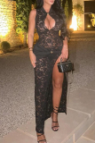 Black Sleeveless O Neck Hollow Out High Slit Formal Evening Party Prom Lace Maxi Dresses