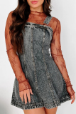 Black Sleeveless Square Neck Distressed Buttons Casual Loose Strappy Denim Vest Mini Dresses