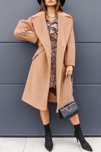 Off White Turndown Collar Long Sleeve Buttons Casual Longline Woolen Coat
