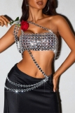 Silver Hot Drill Sleeveless Backless Oblique Collar See-Through Night Club Cami Crop Tops