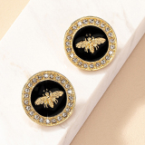 Black Gold Rhinestone Halo Round Stud Rhinestone Decor Earrings