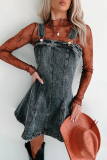 Black Sleeveless Square Neck Distressed Buttons Casual Loose Strappy Denim Vest Mini Dresses