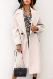 Off White Turndown Collar Long Sleeve Buttons Casual Longline Woolen Coat