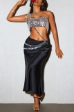 Silver Hot Drill Sleeveless Backless Oblique Collar See-Through Night Club Cami Crop Tops