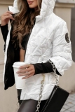 White Zipper Long Sleeve Hooded Casual Fall Winter Metallic Puffer Jacket