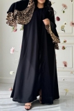 Black O Neck Wide Flare Sleeve with Leopard Ruffled Cuffs Floor Length Casual Vacation Loose Robe Maxi Dresses