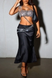 Silver Hot Drill Sleeveless Backless Oblique Collar See-Through Night Club Cami Crop Tops