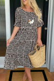 Brown Polka Dot Print O Neck Short Sleeve Casual Vacation Midi Dress