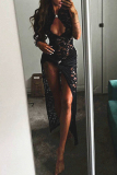 Black Sleeveless O Neck Hollow Out High Slit Formal Evening Party Prom Lace Maxi Dresses