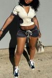 Apricot Turndown Collar Short Sleeve Zipper Belted Crop Tops And Shorts Casual Sportwear Two Pieces Shorts Sets
