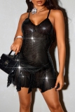 Black Sleeveless Backless V Neck Formal Evening Party Prom Shimmer Mini Slip Dresses
