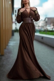 Brown Deep V Neck Long Sleeve With Belt Formal Evening Party Prom Ruched Pleated Maxi Dresses