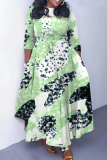 Light Purple Graphcis Print O Neck 3/4 Sleeve Belted Waist Casual Outing Plus Size Straight Loose Maxi Dresses