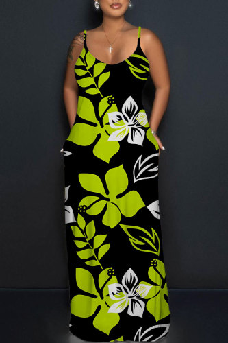 Dark Green Floral Print Sleeveless O Neck Floor Length Casual Vacation Baggy Sundress Maxi Slip Dresses