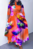 Light Purple Graphcis Print O Neck 3/4 Sleeve Belted Waist Casual Outing Plus Size Straight Loose Maxi Dresses