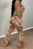 Green Purple Casual Sportwear Graphics Print O Neck Long Sleeve Crop Tops And Sweatpants Two Pieces Jogger Sets