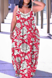 Red Graphics Print Sleeveless O Neck Floor Length Casual Vacation Baggy Sundress Maxi Slip Dresses