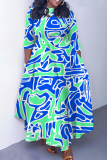 Teal Graphcis Print O Neck 3/4 Sleeve Belted Waist Casual Outing Plus Size Straight Loose Maxi Dresses