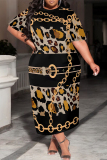 Black Casual Chain Leopard Print O Neck Short Sleeve Pocket Loose Plus Size Maxi T-shirt Dresses