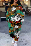 Black Leopard Floral Print O Neck Long Sleeve Sweatshirt And Pants Sportwear Casual Two Pieces Jogger Set