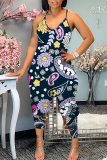 Navy Blue Vacation Loose Sexy Casual Graphics Print Backless Spaghetti Strap Cami Jumpsuits