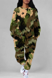White Brown Stripe Camouflage Print O Neck Long Sleeve Sweatshirt And Draw String Pocket Pants Sportwear Casual Two Pieces Tracksuit Sweatpants Set