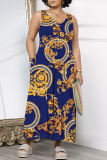 Navy Blue Butterfly Chain Leopard Print Pocket V Neck Casual Loose Vacation Wide Leg Jumpsuits