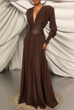 Brown Deep V Neck Long Sleeve With Belt Formal Evening Party Prom Ruched Pleated Maxi Dresses