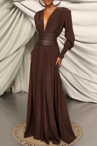 Brown Deep V Neck Long Sleeve With Belt Formal Evening Party Prom Ruched Pleated Maxi Dresses