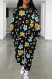Black Leopard Floral Print O Neck Long Sleeve Sweatshirt And Pants Sportwear Casual Two Pieces Jogger Set